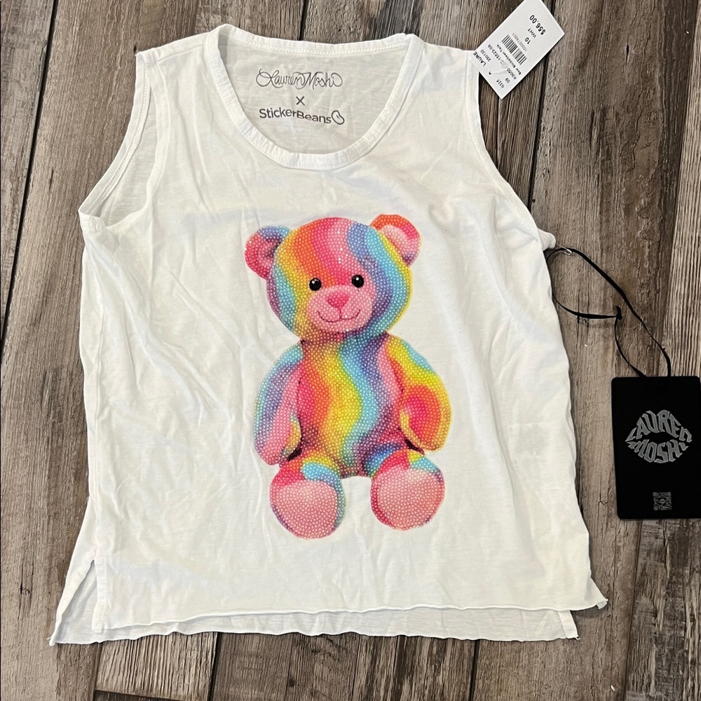 NWT Lauren Moshi x Stickerbeans Youth White Tank Top with Sparkle Rainbow Bear
